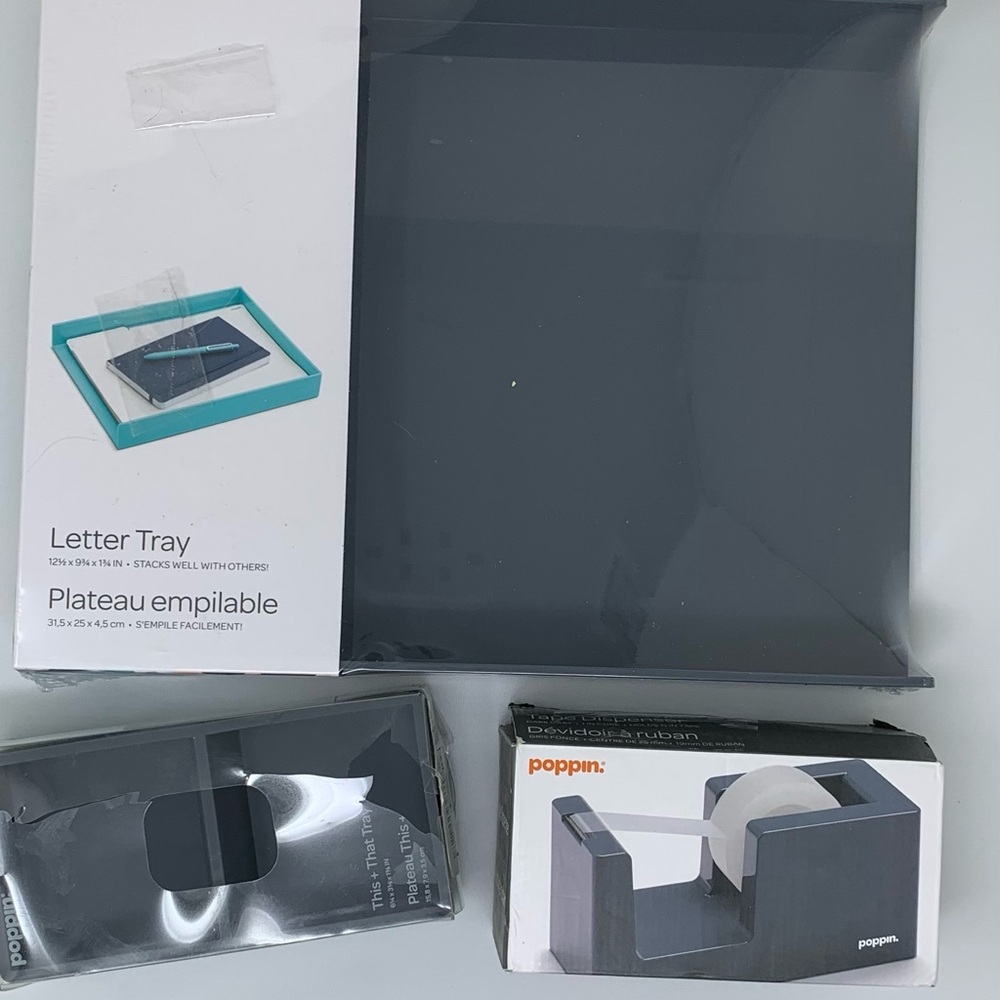 NWT Poppin Gray Front Loading Letter Tray, Tape Dispenser and This and That Tray